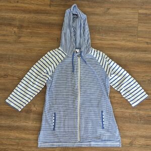 Weekends by Chico's  Women's Striped Blue and White Hooded Top